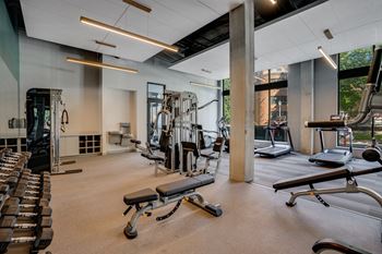 a gym with cardio equipment and weights on the floor at Marquee, Minneapolis, MN